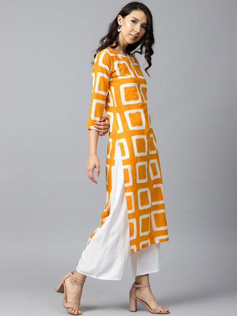 Yellow printed 3/4th sleeve cotton straight kurta