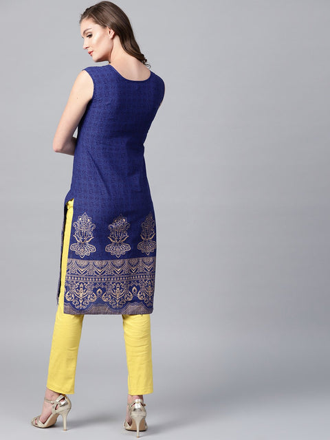 Blue printed sleeveless cotton kurta