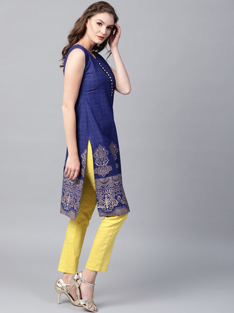 Blue printed sleeveless cotton kurta