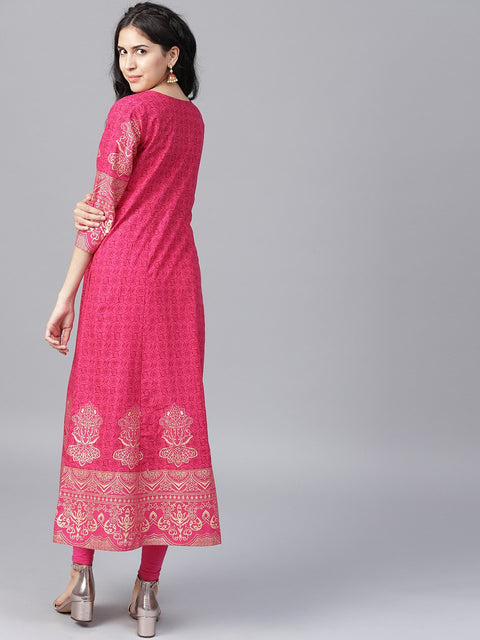 Maroon printed 3/4th sleeve cotton A-line kurta