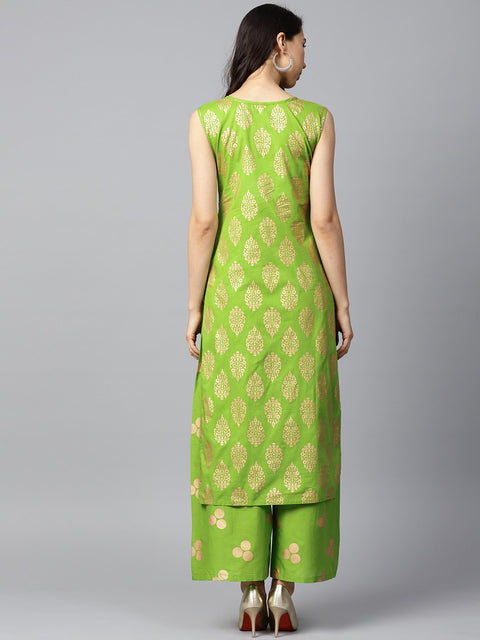 Green printed sleeveless cotton kurta with green printed palazzo