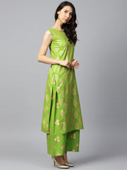 Green printed sleeveless cotton kurta with green printed palazzo