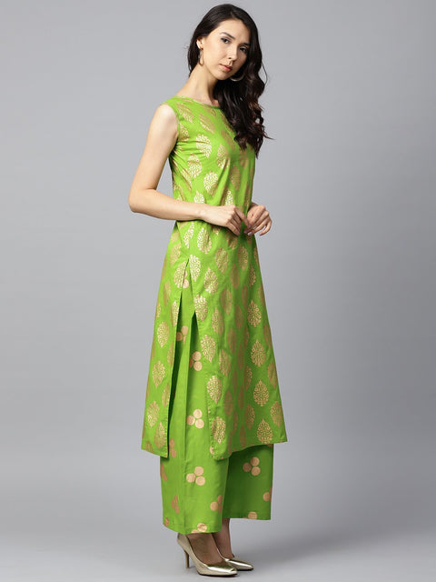 Green printed sleeveless cotton kurta with green printed palazzo