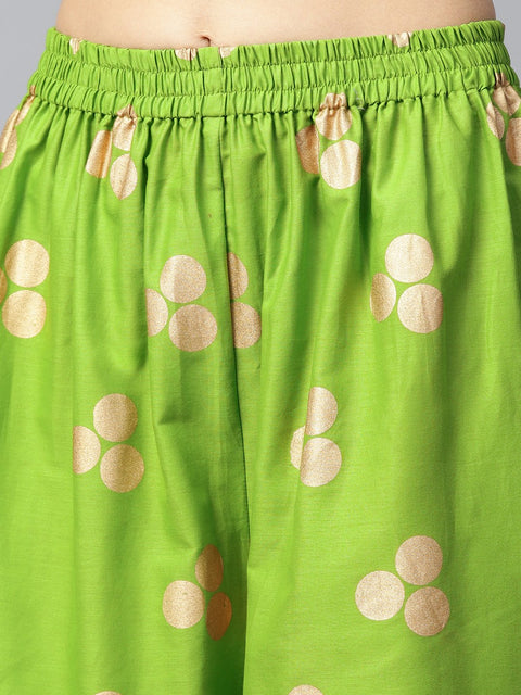 Green printed sleeveless cotton kurta with green printed palazzo