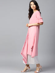 Pink block printed half umbrella sleeve cotton A-line kurta