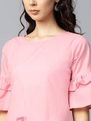 Pink block printed half umbrella sleeve cotton A-line kurta