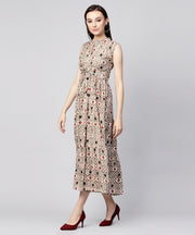 Beige printed sleeveless cotton maxi dress