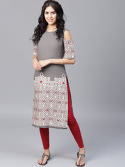 Grey printed half sleeve cold shoulder straight kurta