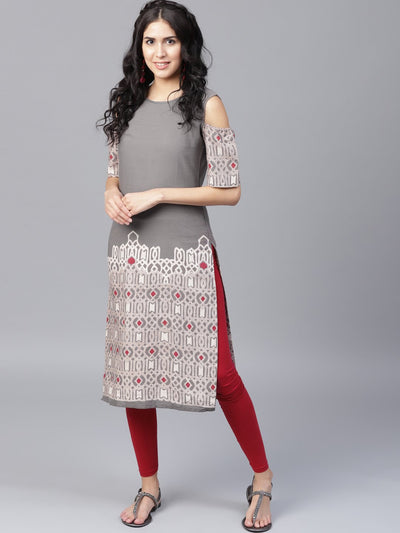 Grey printed half sleeve cold shoulder straight kurta