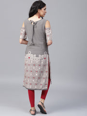 Grey printed half sleeve cold shoulder straight kurta