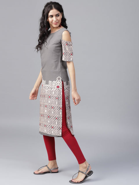 Grey printed half sleeve cold shoulder straight kurta