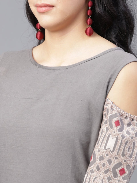 Grey printed half sleeve cold shoulder straight kurta