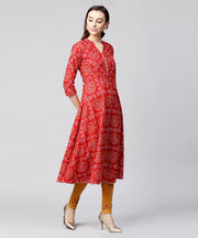 Red 3/4th sleeve cotton anarkali kurta