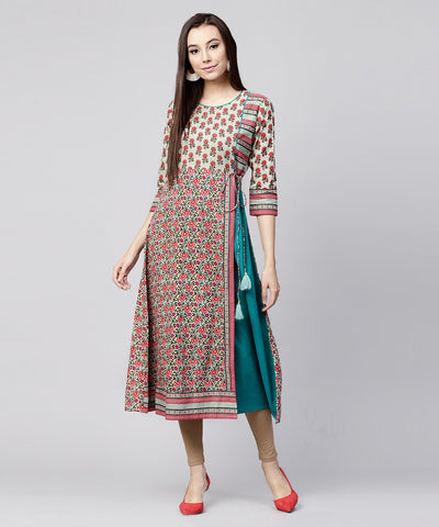 White printed 3/4th sleeve cotton Anarkali kurta with side latkan