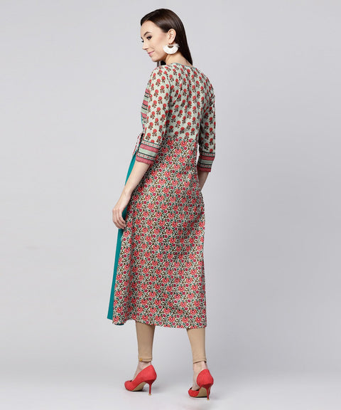 White printed 3/4th sleeve cotton Anarkali kurta with side latkan