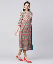 White printed 3/4th sleeve cotton Anarkali kurta with side latkan