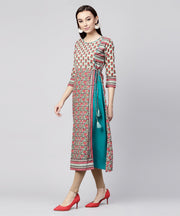 White printed 3/4th sleeve cotton Anarkali kurta with side latkan