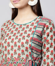 White printed 3/4th sleeve cotton Anarkali kurta with side latkan