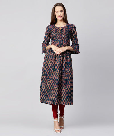 Blue printed circle sleeve cotton Anarkali kurta