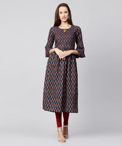 Blue printed circle sleeve cotton Anarkali kurta