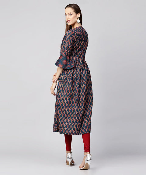 Blue printed circle sleeve cotton Anarkali kurta