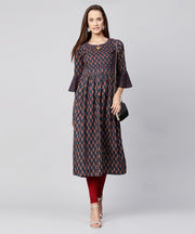Blue printed circle sleeve cotton Anarkali kurta