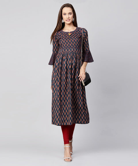 Blue printed circle sleeve cotton Anarkali kurta