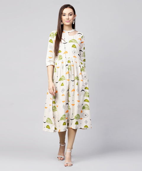 Off White printed half sleeve cotton flax anarkali kurta