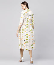 Off White printed half sleeve cotton flax anarkali kurta