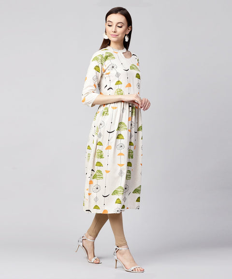 Off White printed half sleeve cotton flax anarkali kurta