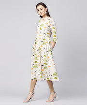 Off White printed half sleeve cotton flax anarkali kurta