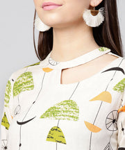 Off White printed half sleeve cotton flax anarkali kurta