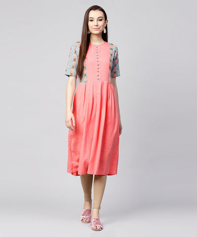 Pink half sleeve cotton slub printed anarkali kurta