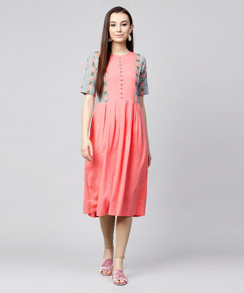 Pink half sleeve cotton slub printed anarkali kurta
