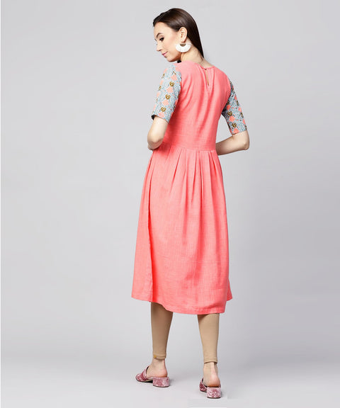 Pink half sleeve cotton slub printed anarkali kurta