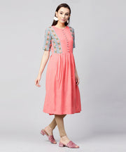 Pink half sleeve cotton slub printed anarkali kurta