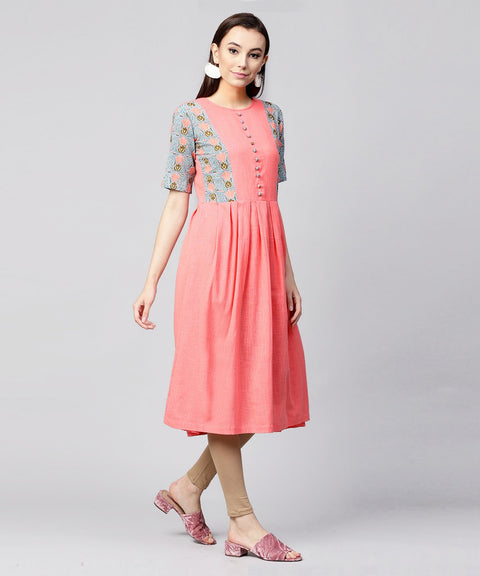Pink half sleeve cotton slub printed anarkali kurta