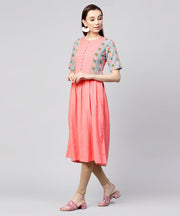 Pink half sleeve cotton slub printed anarkali kurta