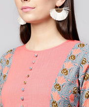 Pink half sleeve cotton slub printed anarkali kurta