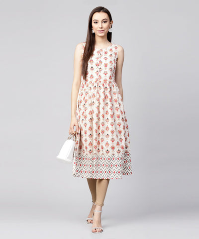 Off White printed sleeveless cotton flax Anarkali kurta