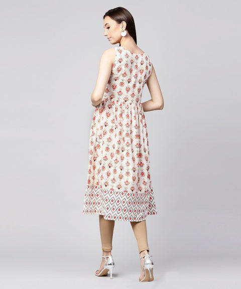 Off White printed sleeveless cotton flax Anarkali kurta