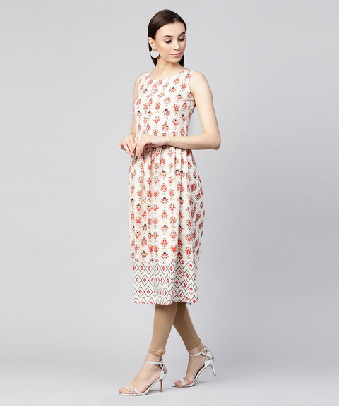 Off White printed sleeveless cotton flax Anarkali kurta
