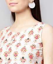 Off White printed sleeveless cotton flax Anarkali kurta