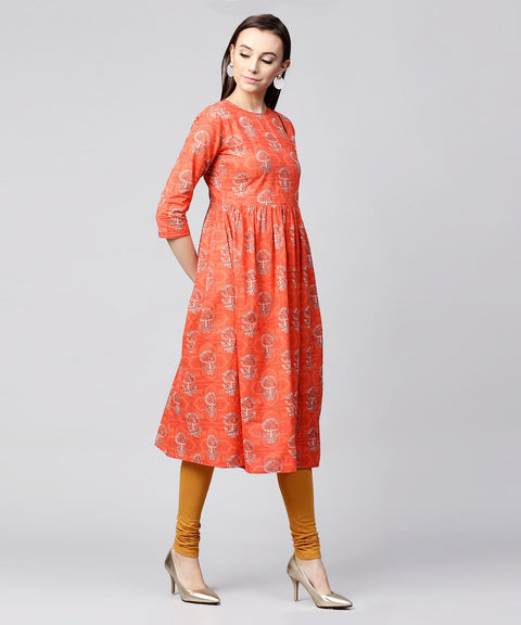 Red printed 3/4th sleeve cotton Anarkali kurta