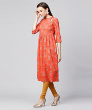 Red printed 3/4th sleeve cotton Anarkali kurta