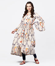 White printed full sleeve rayon slub anarkali kurta