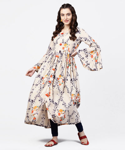 White printed full sleeve rayon slub anarkali kurta