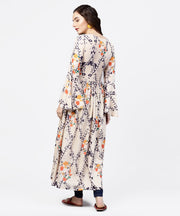 White printed full sleeve rayon slub anarkali kurta