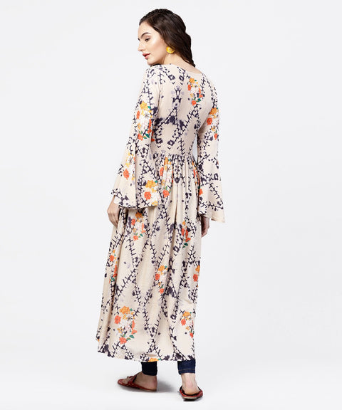 White printed full sleeve rayon slub anarkali kurta