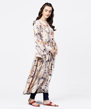 White printed full sleeve rayon slub anarkali kurta